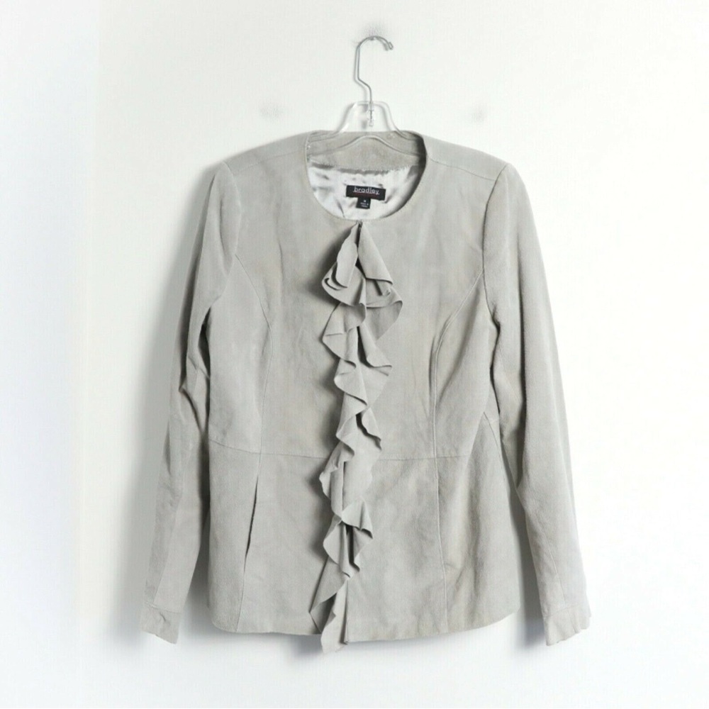 Vintage Bradley Bayou genuine suede jacket ruffle front light grey bohemian M